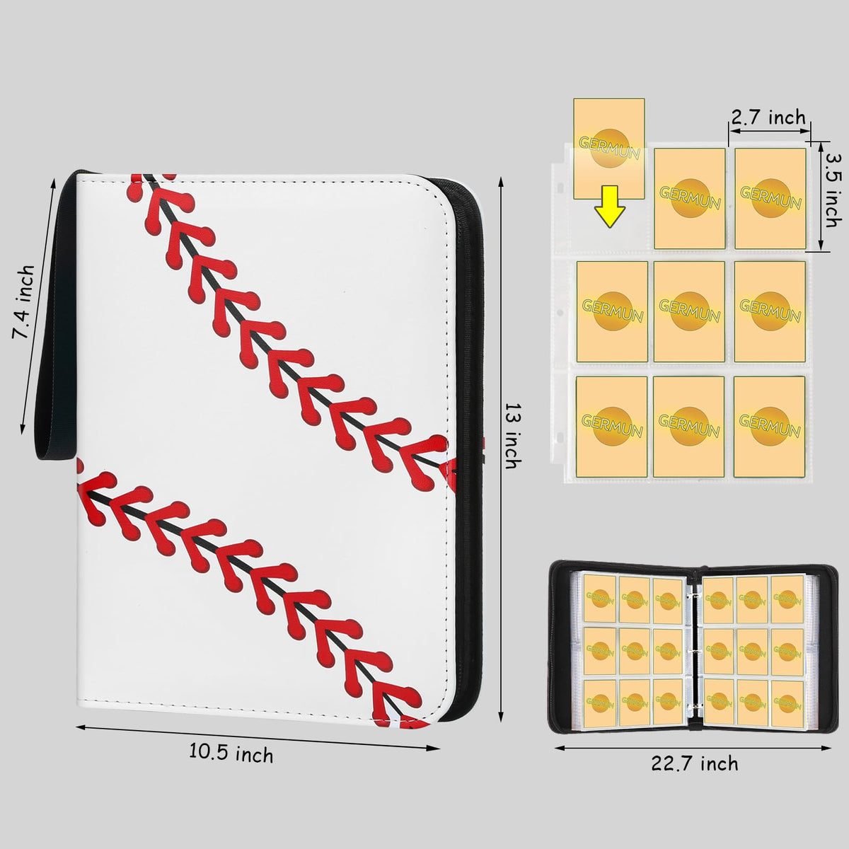 STORAGE - GERMUN 9 Pocket Trading Card Binder,900 Cards,50 Pages, Double Sided Pockets PU Cover Zipper Collection Album Folder for Standard MTG, TCG, Sports Cards (Black)
