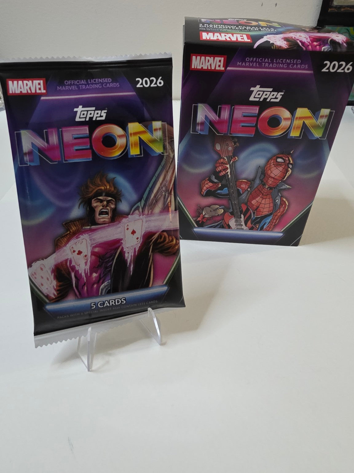 2026 Topps Marvel Neon sealed five-card blaster pack with box in background