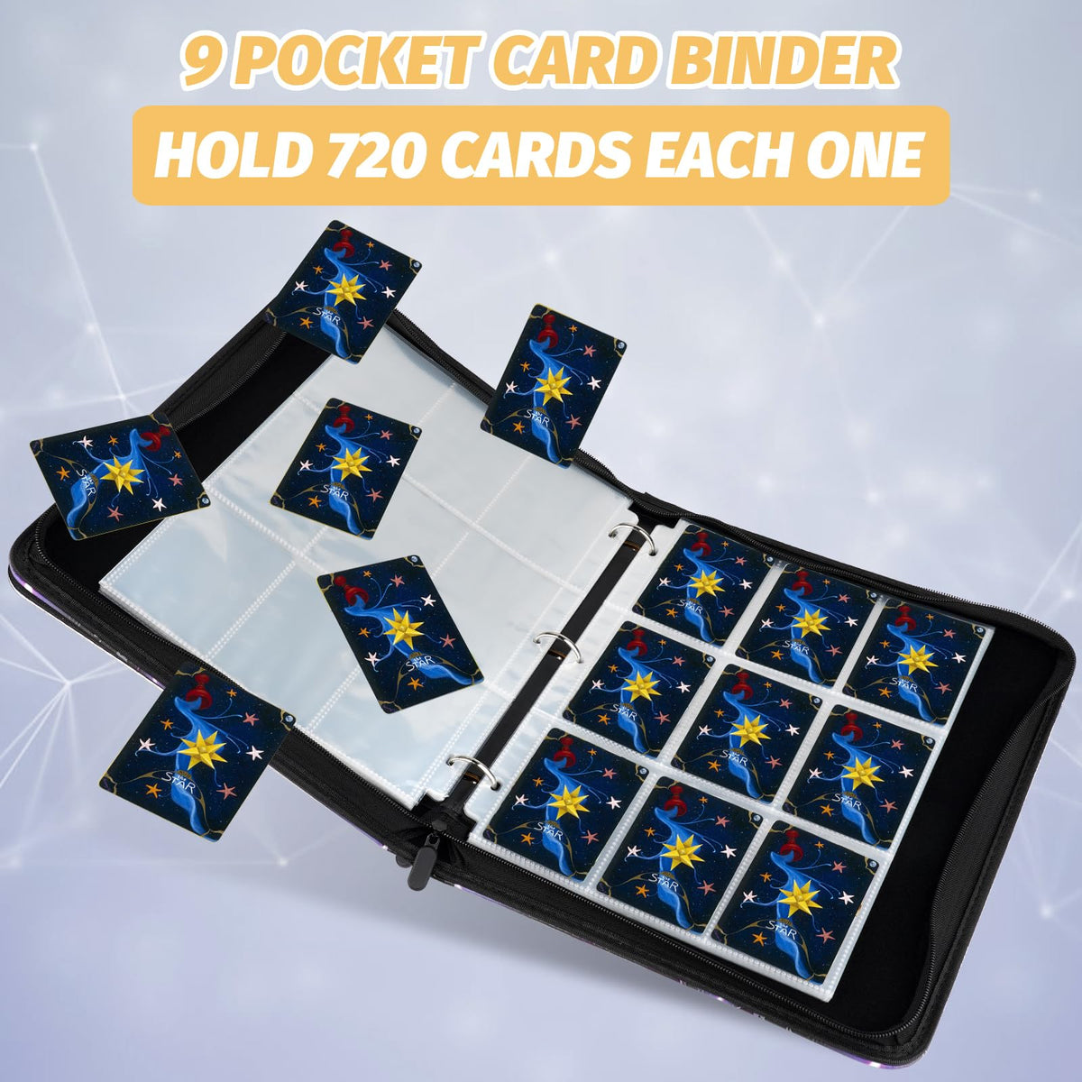 STORAGE - GERMUN 9 Pocket Trading Card Binder,900 Cards,50 Pages, Double Sided Pockets PU Cover Zipper Collection Album Folder for Standard MTG, TCG, Sports Cards (Black)