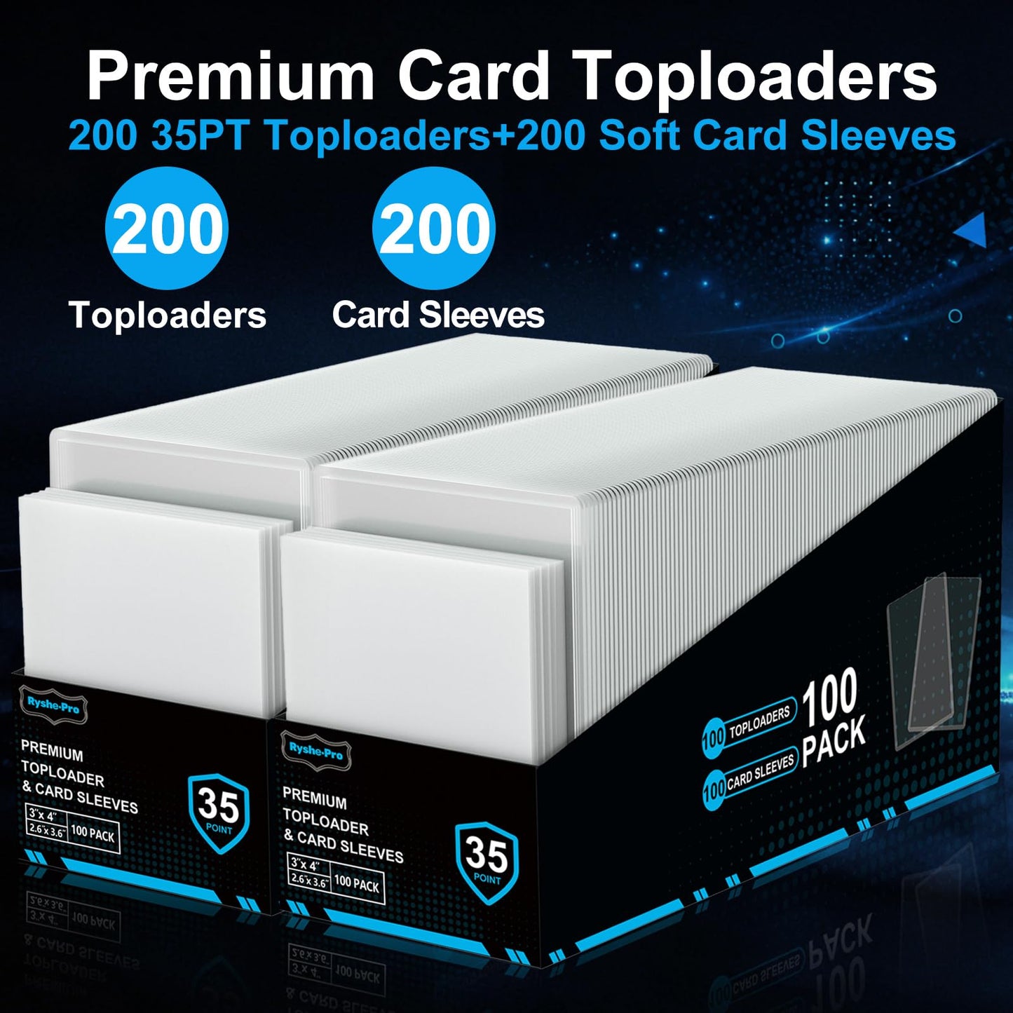 200 Card Sleeves Top Loaders for Cards, 35PT Hard Plastic Holder for Baseball, 3" x 4" Premium Clear Trading Card Sleeves for Sports Football Game Cards (100 Toploaders + 100 Soft Sleeves)
