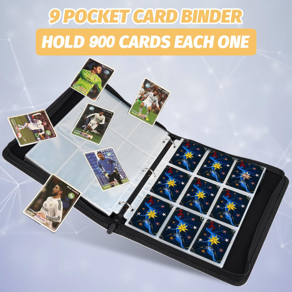 STORAGE - GERMUN 9 Pocket Trading Card Binder,900 Cards,50 Pages, Double Sided Pockets PU Cover Zipper Collection Album Folder for Standard MTG, TCG, Sports Cards (Black)
