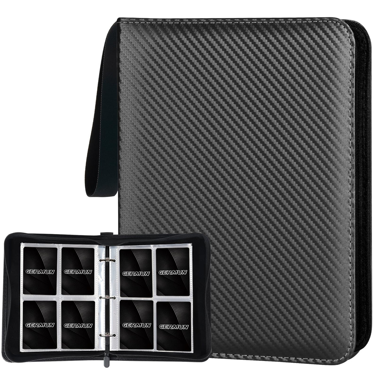 STORAGE - GERMUN 9 Pocket Trading Card Binder,900 Cards,50 Pages, Double Sided Pockets PU Cover Zipper Collection Album Folder for Standard MTG, TCG, Sports Cards (Black)