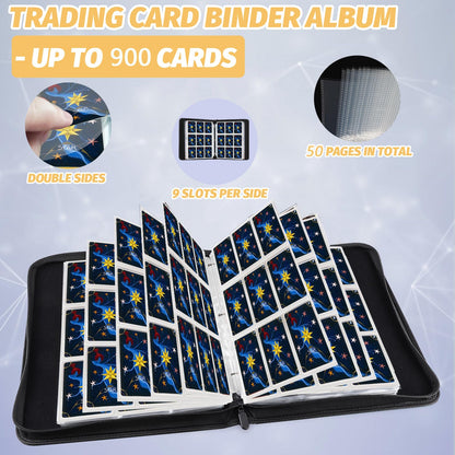STORAGE - GERMUN 9 Pocket Trading Card Binder,900 Cards,50 Pages, Double Sided Pockets PU Cover Zipper Collection Album Folder for Standard MTG, TCG, Sports Cards (Black)