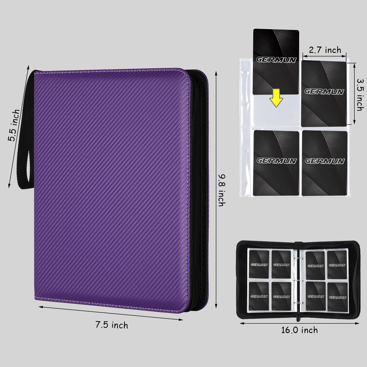 STORAGE - GERMUN 9 Pocket Trading Card Binder,900 Cards,50 Pages, Double Sided Pockets PU Cover Zipper Collection Album Folder for Standard MTG, TCG, Sports Cards (Black)
