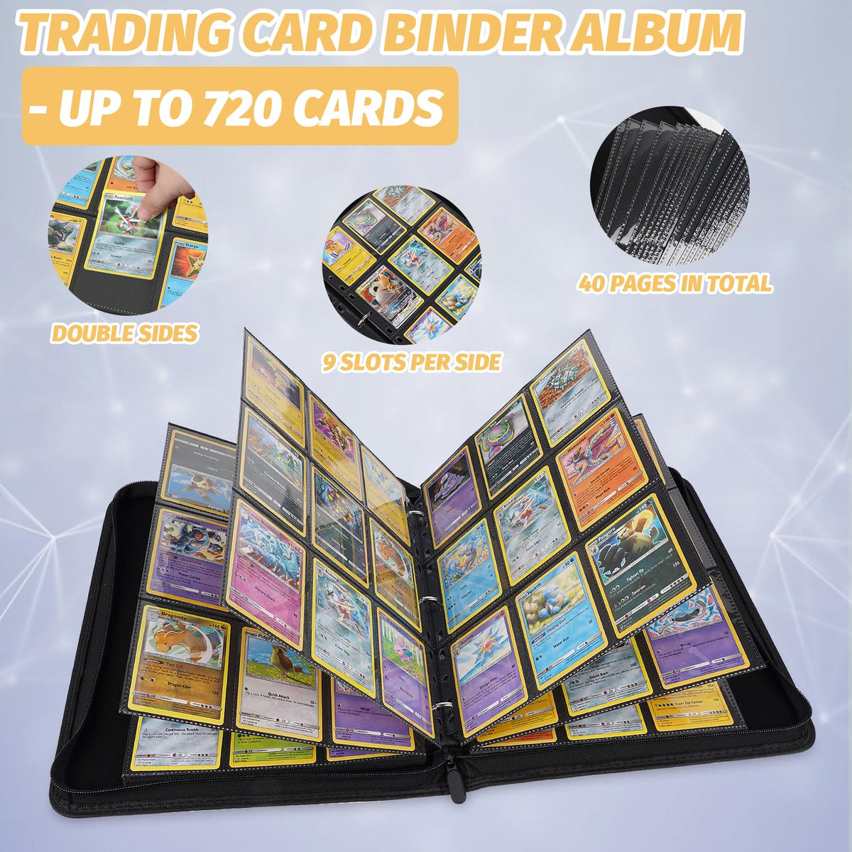 STORAGE - GERMUN 9 Pocket Trading Card Binder,900 Cards,50 Pages, Double Sided Pockets PU Cover Zipper Collection Album Folder for Standard MTG, TCG, Sports Cards (Black)