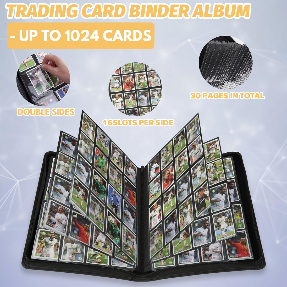 STORAGE - GERMUN 9 Pocket Trading Card Binder,900 Cards,50 Pages, Double Sided Pockets PU Cover Zipper Collection Album Folder for Standard MTG, TCG, Sports Cards (Black)