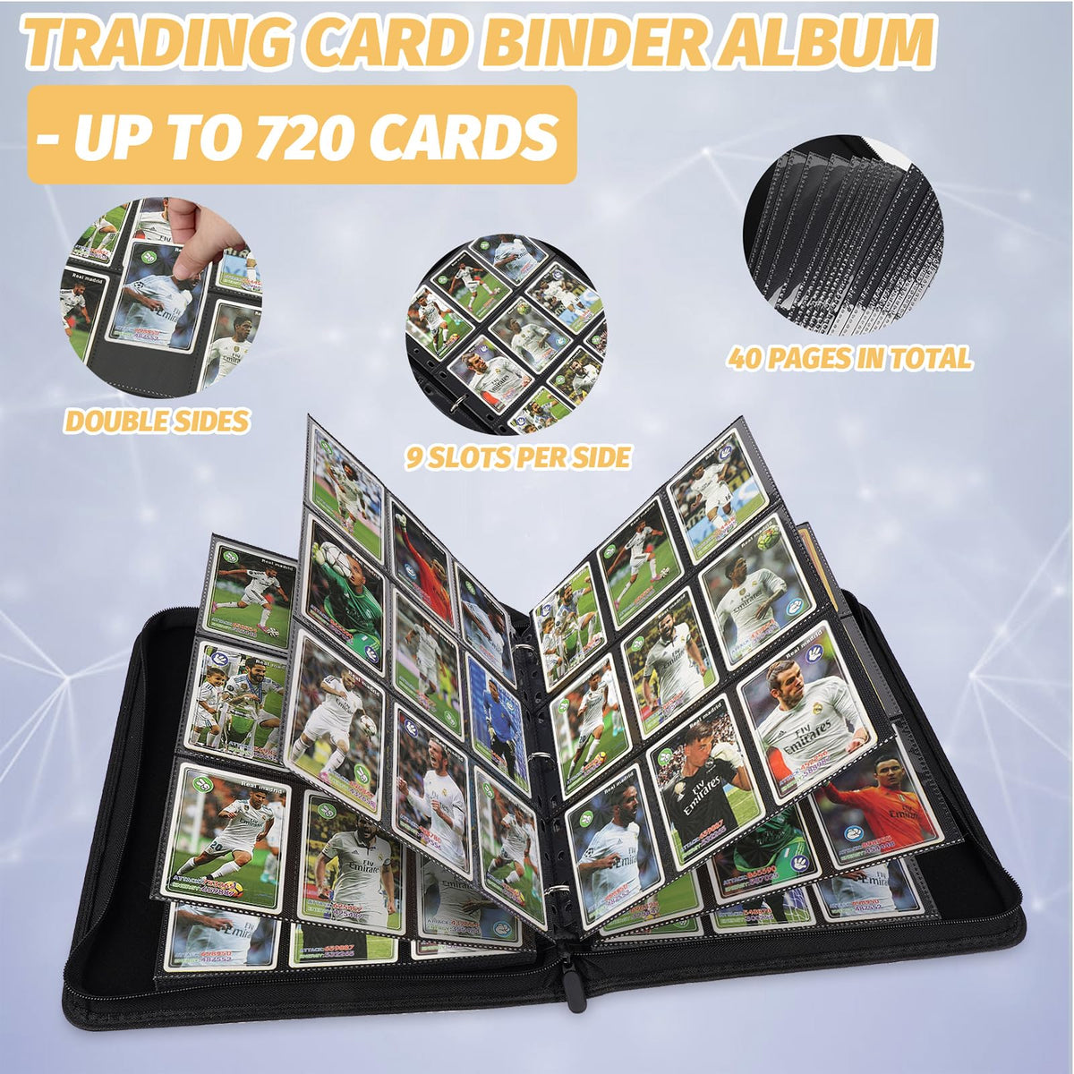 STORAGE - GERMUN 9 Pocket Trading Card Binder,900 Cards,50 Pages, Double Sided Pockets PU Cover Zipper Collection Album Folder for Standard MTG, TCG, Sports Cards (Black)