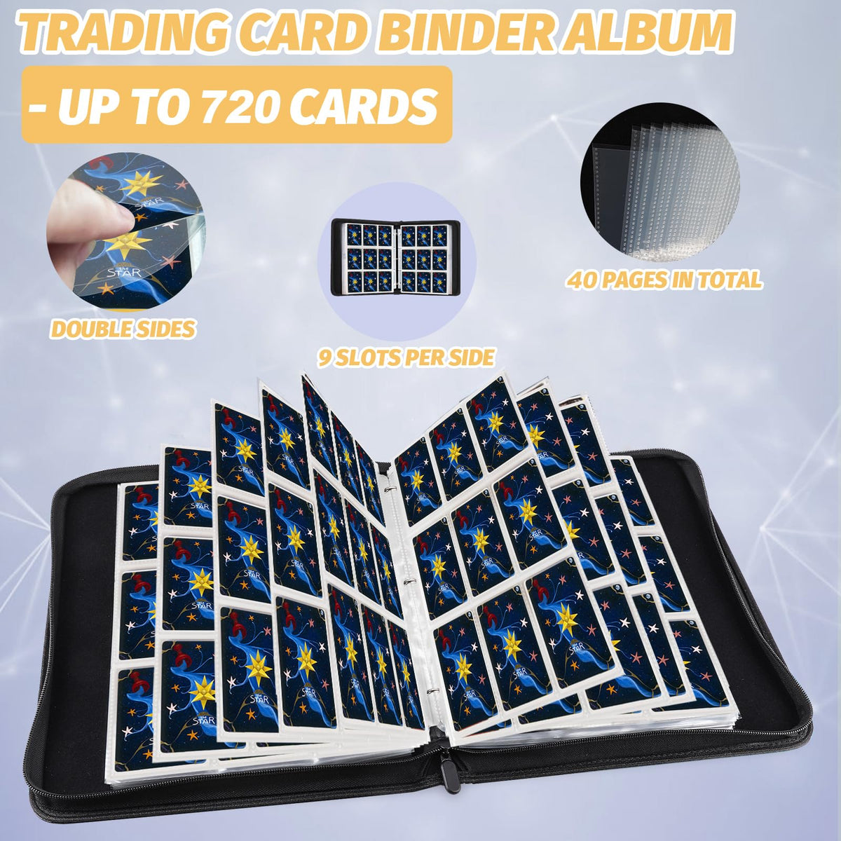 STORAGE - GERMUN 9 Pocket Trading Card Binder,900 Cards,50 Pages, Double Sided Pockets PU Cover Zipper Collection Album Folder for Standard MTG, TCG, Sports Cards (Black)