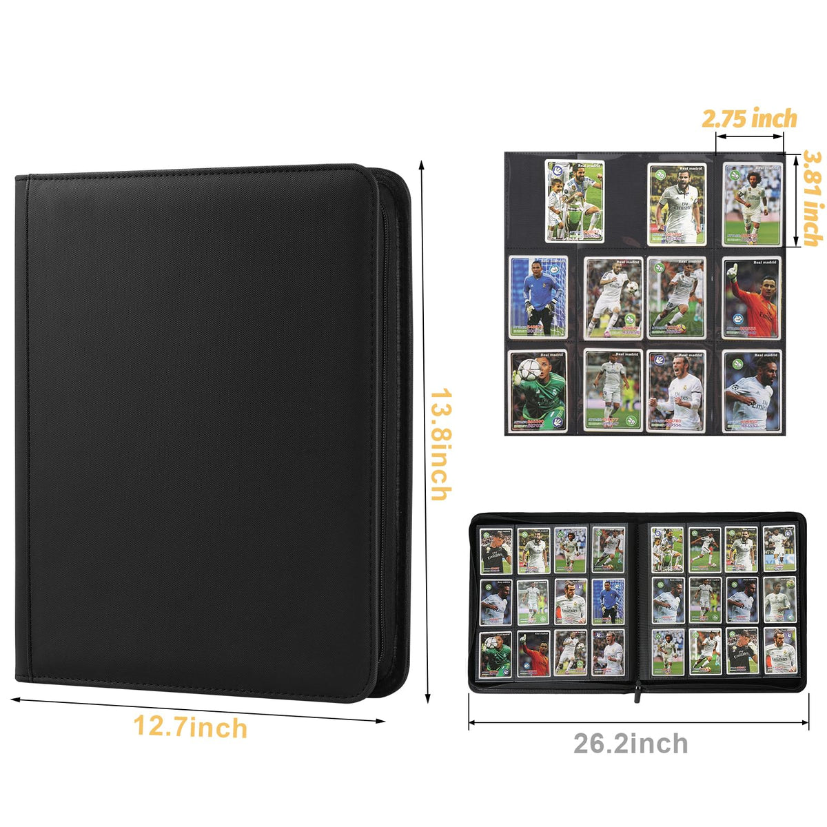 STORAGE - GERMUN 9 Pocket Trading Card Binder,900 Cards,50 Pages, Double Sided Pockets PU Cover Zipper Collection Album Folder for Standard MTG, TCG, Sports Cards (Black)